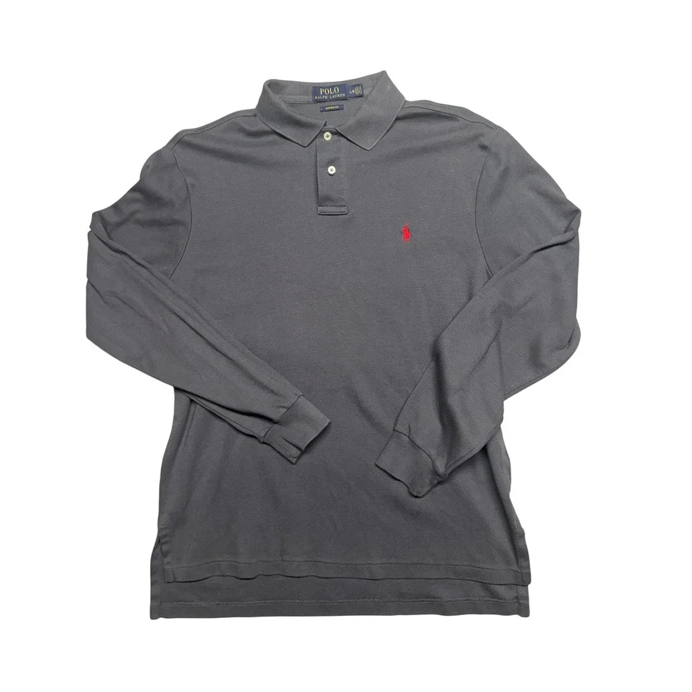 Polo Ralph Lauren Mens Gray Long Sleeve Custom Fit Polo Shirt Large L Red Pony